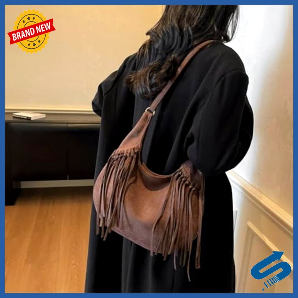 Suede Fringe Hobo Bag Boho Chic Shoulder Purse Tassel Bucket Crossbody - Picture 4 of 6